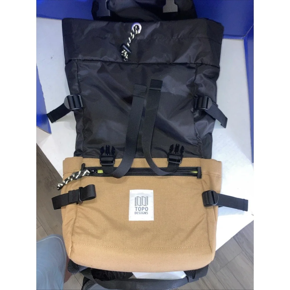 Topo Designs‎ Hiking Backpack Black Brown Canvas Padded Straps External Pockets